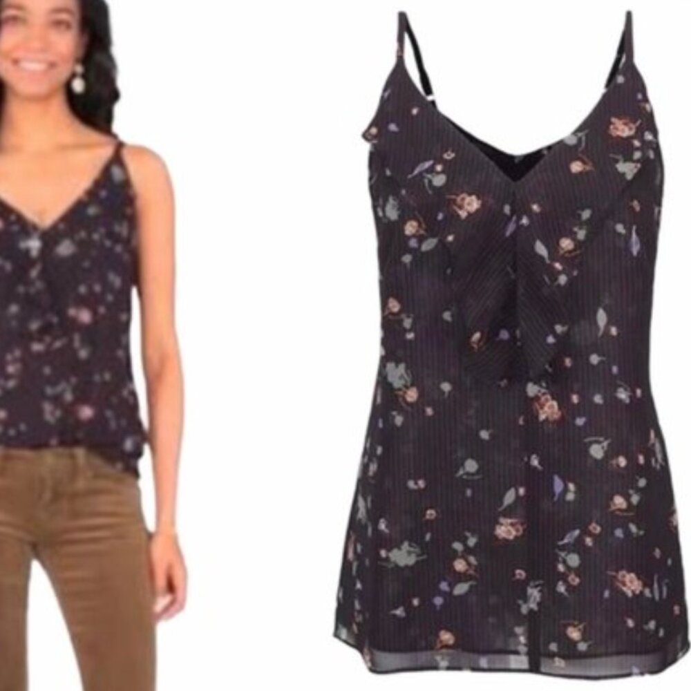 CAbi Pinstripe Floral Print Ruffle Front Cami Tank Top Style 3607 Size M